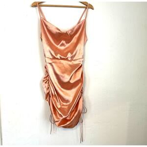 Rose Gold Satin Cami Ruched Drawstring Mini Prom Club Party Dress Size Medium